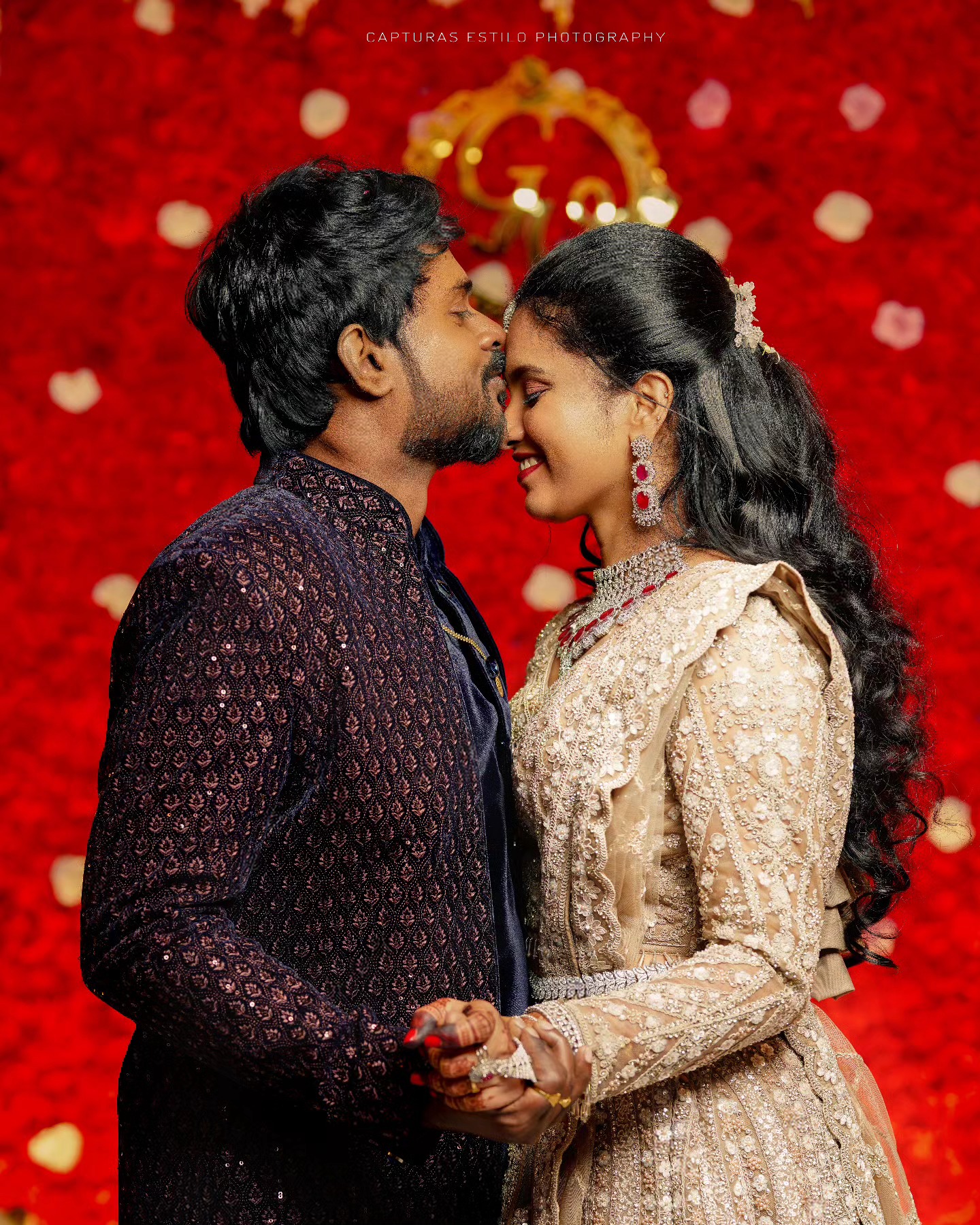 Red backdrop wedding portrait